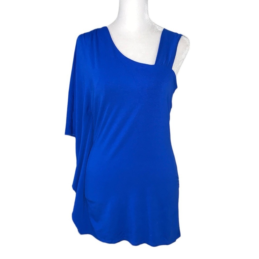 Vince Camuto Tribal Luxe Top Womens XS Blue Asymmetrical Draped Batwing New